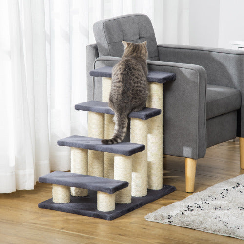 PawHut Katzenleiter mit 4 Stufen – Treppenförmiger Katzenbaum für hohe Betten & Sofas