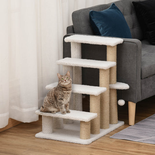 4-stufige Katzenleiter mit Kratzpfosten – Weiß | Für hohes Bett & Sofa