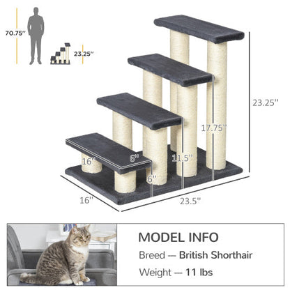 PawHut Katzenleiter mit 4 Stufen – Treppenförmiger Katzenbaum für hohe Betten & Sofas