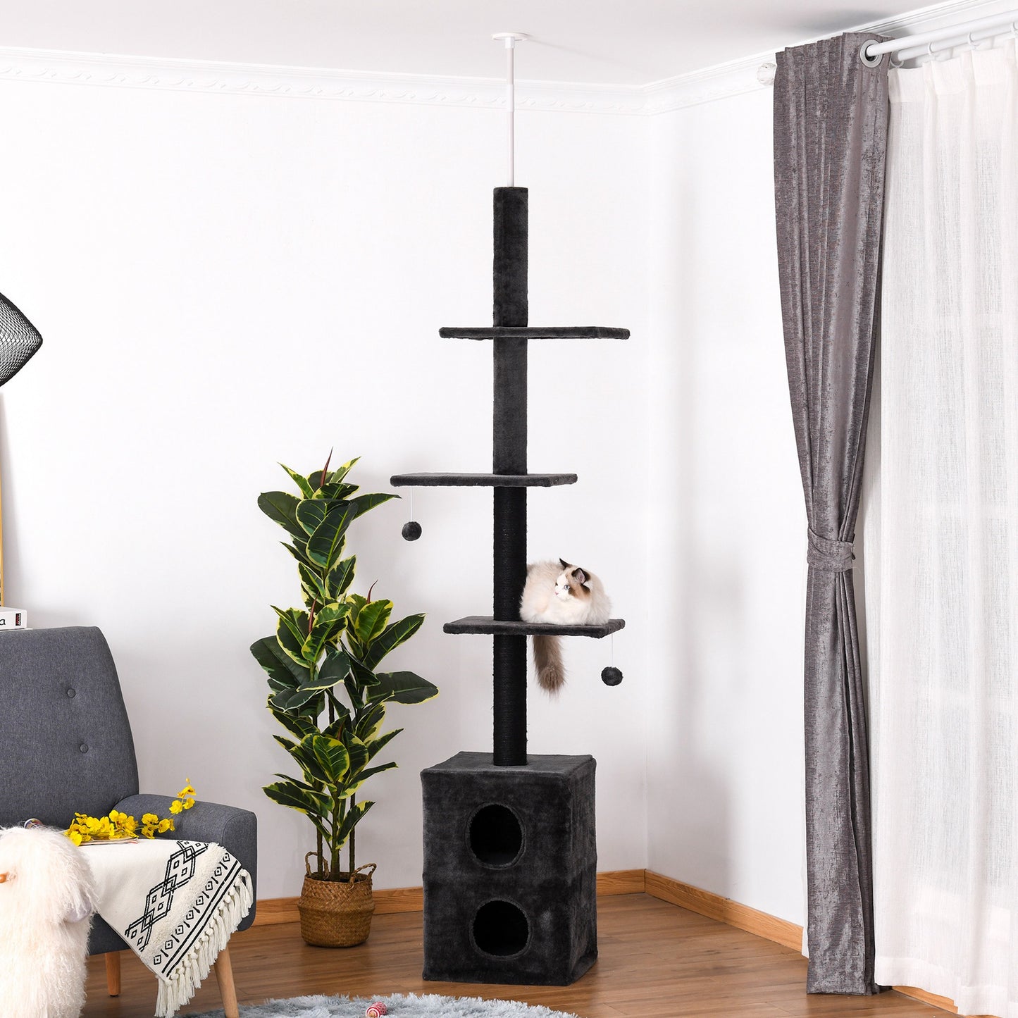 PawHut Boden-bis-Decke Katzenbaum 220–245 cm – Katzencondo mit Jute-Kratzpfosten