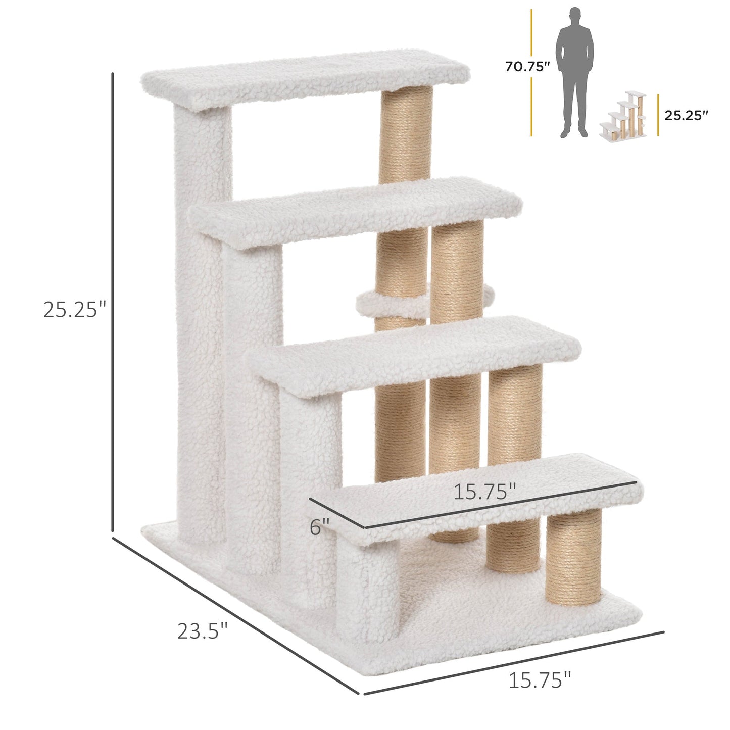 4-stufige Katzenleiter mit Kratzpfosten – Weiß | Für hohes Bett & Sofa