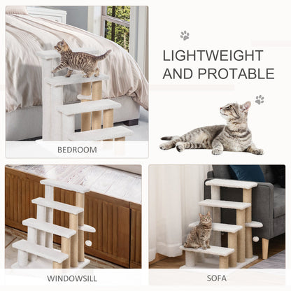 4-stufige Katzenleiter mit Kratzpfosten – Weiß | Für hohes Bett & Sofa
