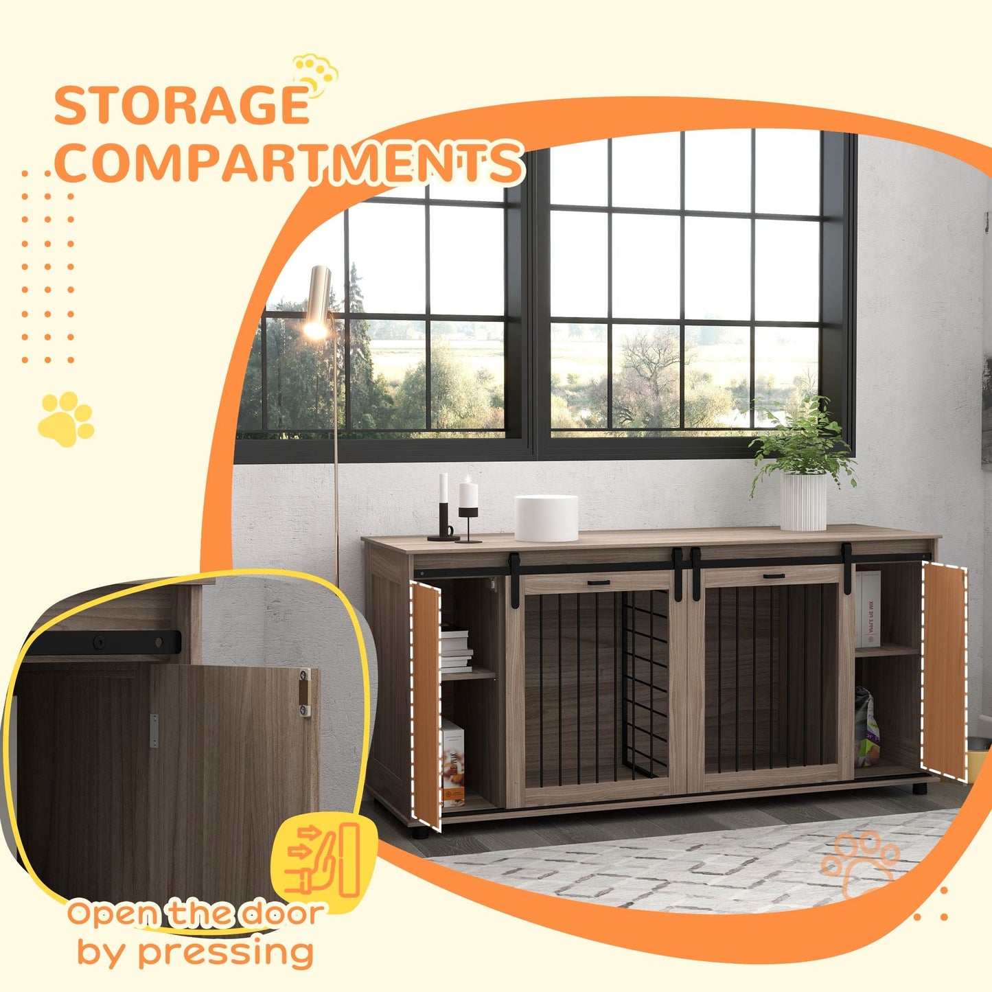 Modernes Hundemöbel71" (ca. 180 cm)  mit Zwinger-Funktion – 2 Hunde | Mit abnehmbarem Divider & viel Stauraum