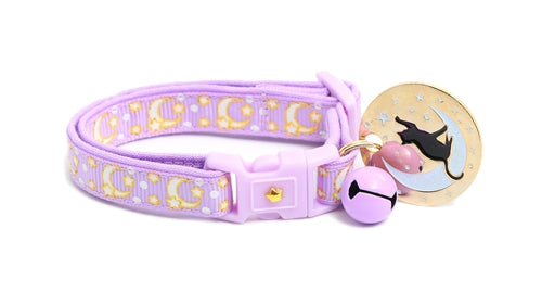 Pastell-Lila Katzenhalsband mit Goldenen Monden und Sternen – Verstellbares Schmuck-Halsband