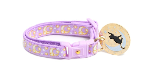 Pastell-Lila Katzenhalsband mit Goldenen Monden und Sternen – Verstellbares Schmuck-Halsband
